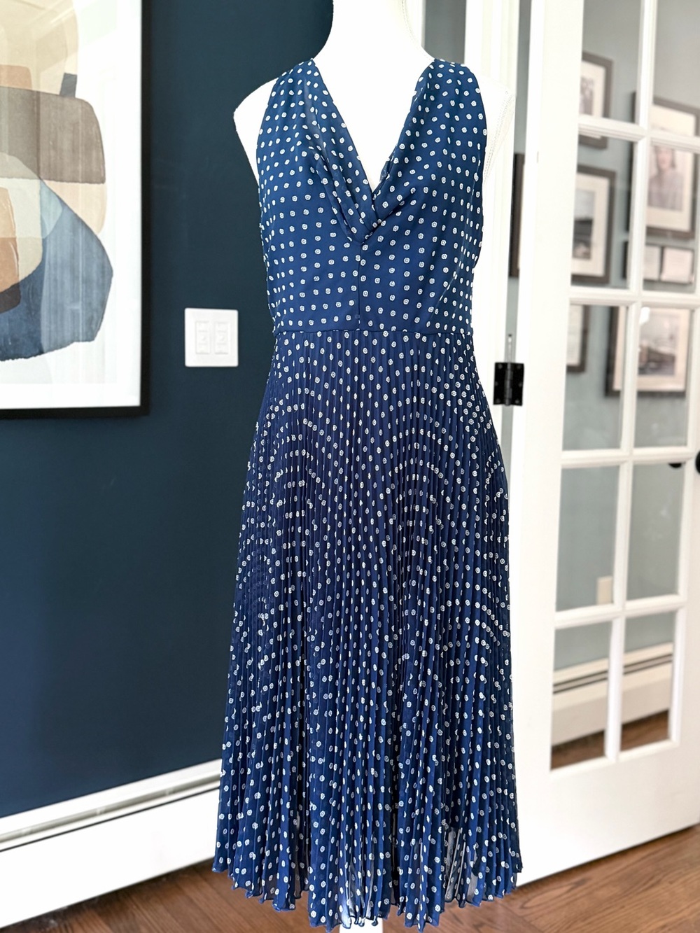 Anthropologie x Eva Franco Pleated Chiffon Fit & Flare Midi Dress, Navy | Size 4 - Picture 2 of 13